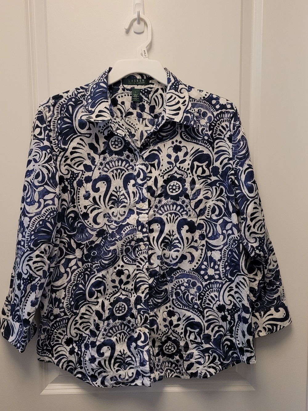 Lauren Ralph Lauren Blue White Paisley Floral Cotton Button Down Blouse